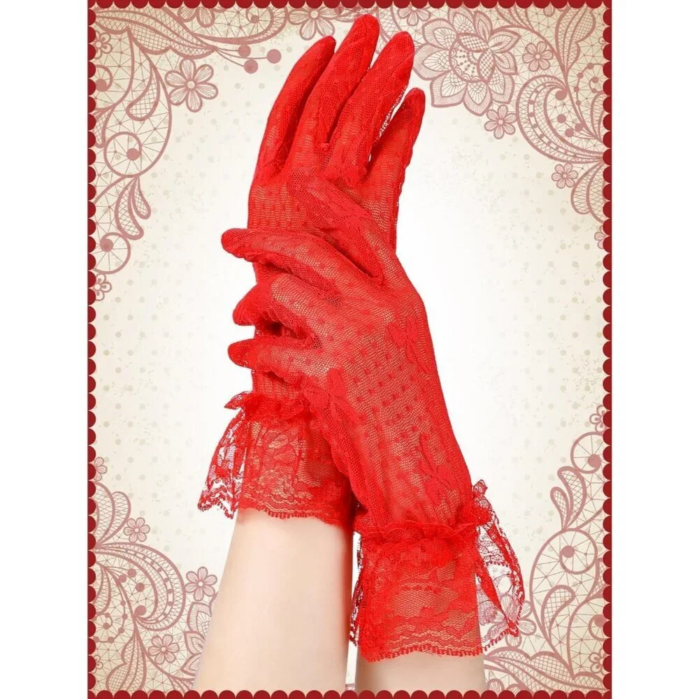 Women's Elegant Dress Up Lace Gloves Dark Red Halloween Wedding Parties Prom